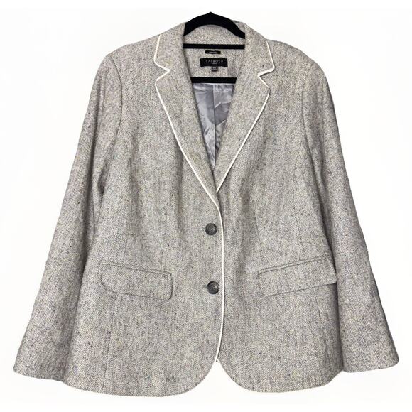 Talbots 16 Aberdeen Gray White Herringbone Tweed Wool Blend Blazer Jacket Career - Picture 1 of 7